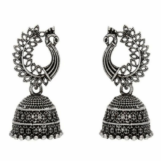 🦚 Peacock Design Silver Oxidised Jhumka 💫✨